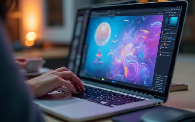 Laptop mit Kreativsoftware und abstraktem Design auf dem Bildschirm, der digitale Designkurse symbolisiert